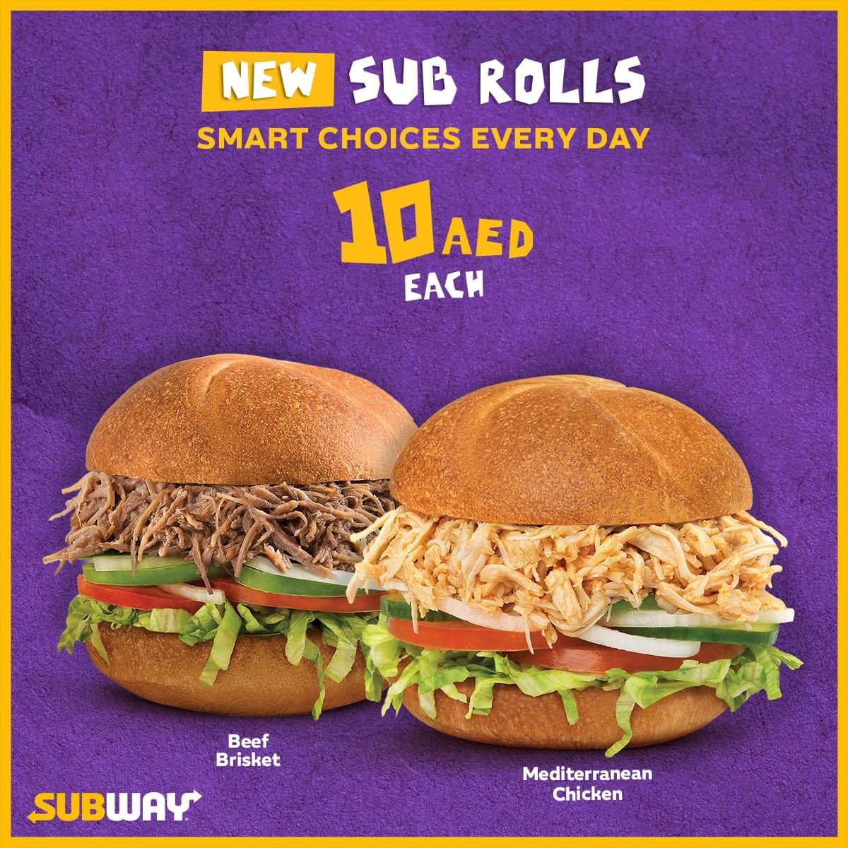 Don’t miss delicious new Sub Rolls Mediterranean Chicken or Beef Brisket for just 10 AED each, available for a limited time only! Subway