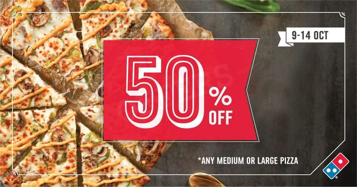 Flat 50% Off On All Medium & Large Pizza. Order @ Dominos