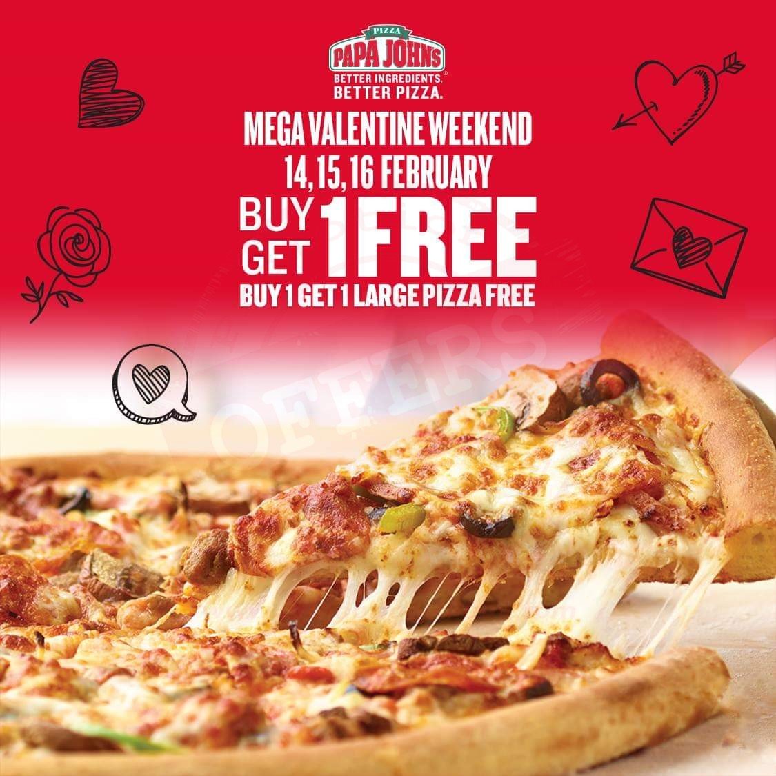 Buy Papa John’s 1 Large Pizza and your Valentine will get the second Large Pizza FREE.