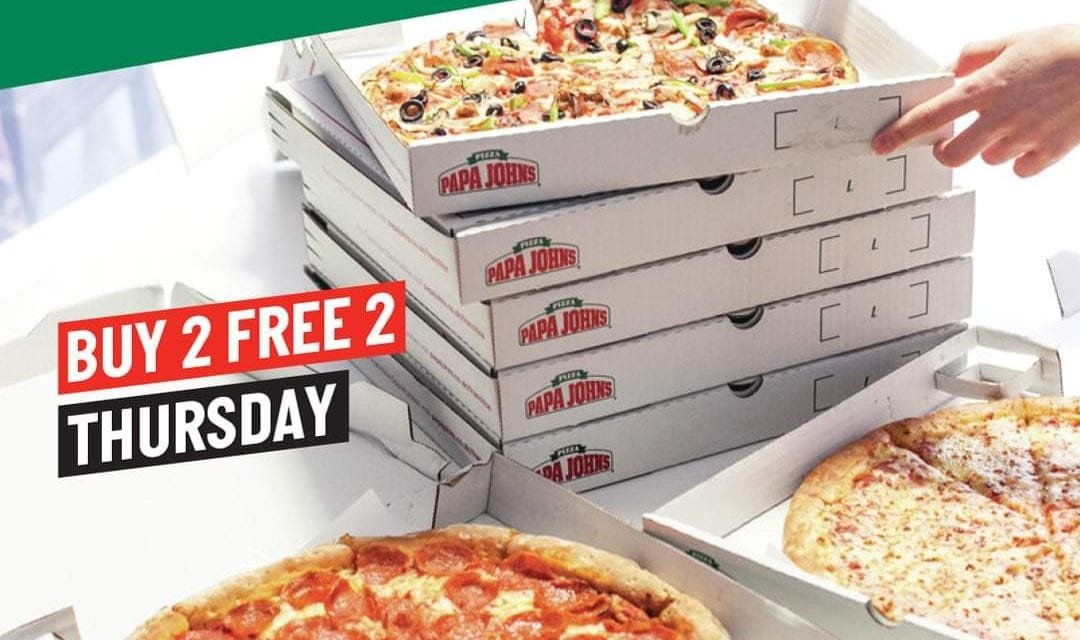 Thursday offer – Buy 2 and Get 2 pizzas Free. PapaJohnsUAE