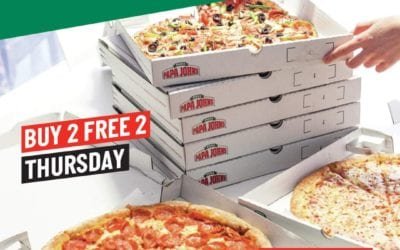 Thursday offer – Buy 2 and Get 2 pizzas Free. PapaJohnsUAE