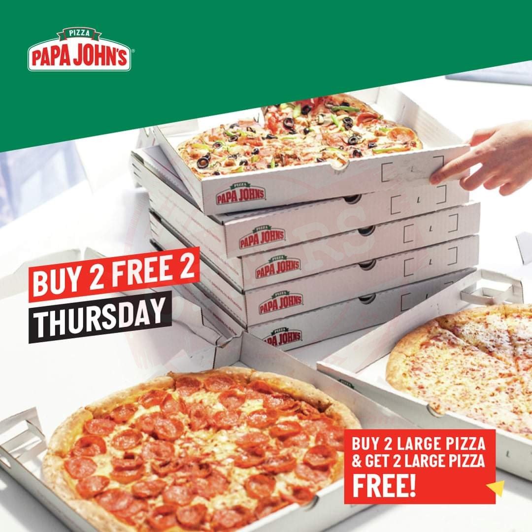 FB IMG 1571902341241 Thursday offer - Buy 2 and Get 2 pizzas Free. PapaJohnsUAE