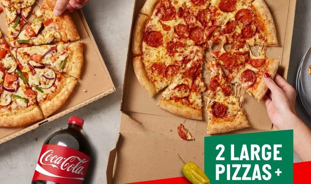 2 large pizzas + 2.25 litre Coke for just AED 70. PapaJohnsUAE