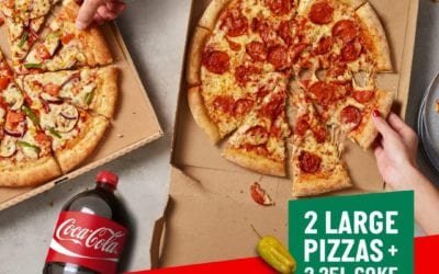 2 large pizzas + 2.25 litre Coke for just AED 70. PapaJohnsUAE