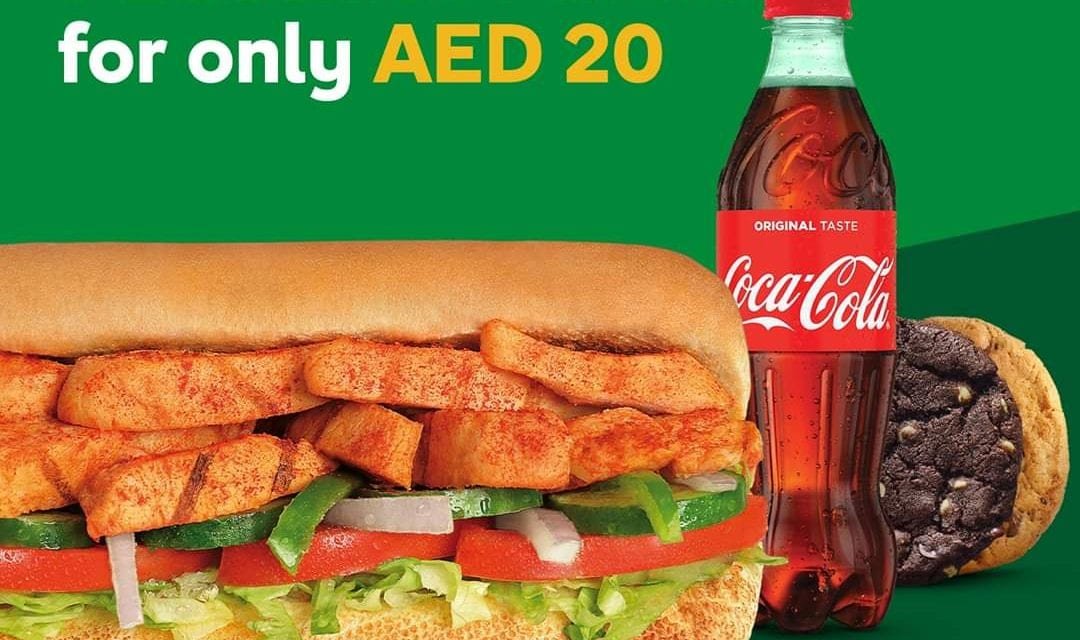 Get a 6-inch sub + 2 cookies + drink for only AED 20. Subway