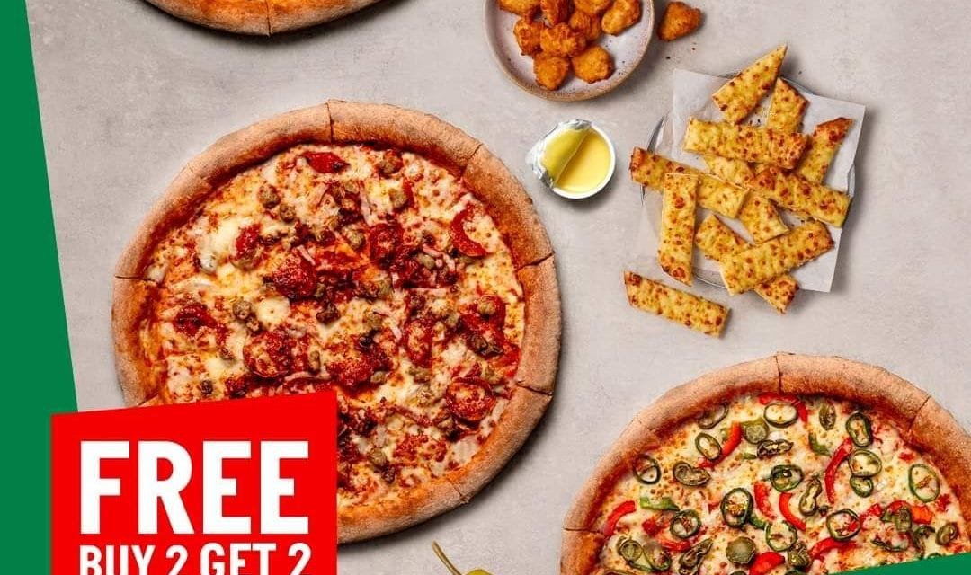 Every Thursday, buy 2 and get 2  pizzas free, order from Papa John’s Pizza