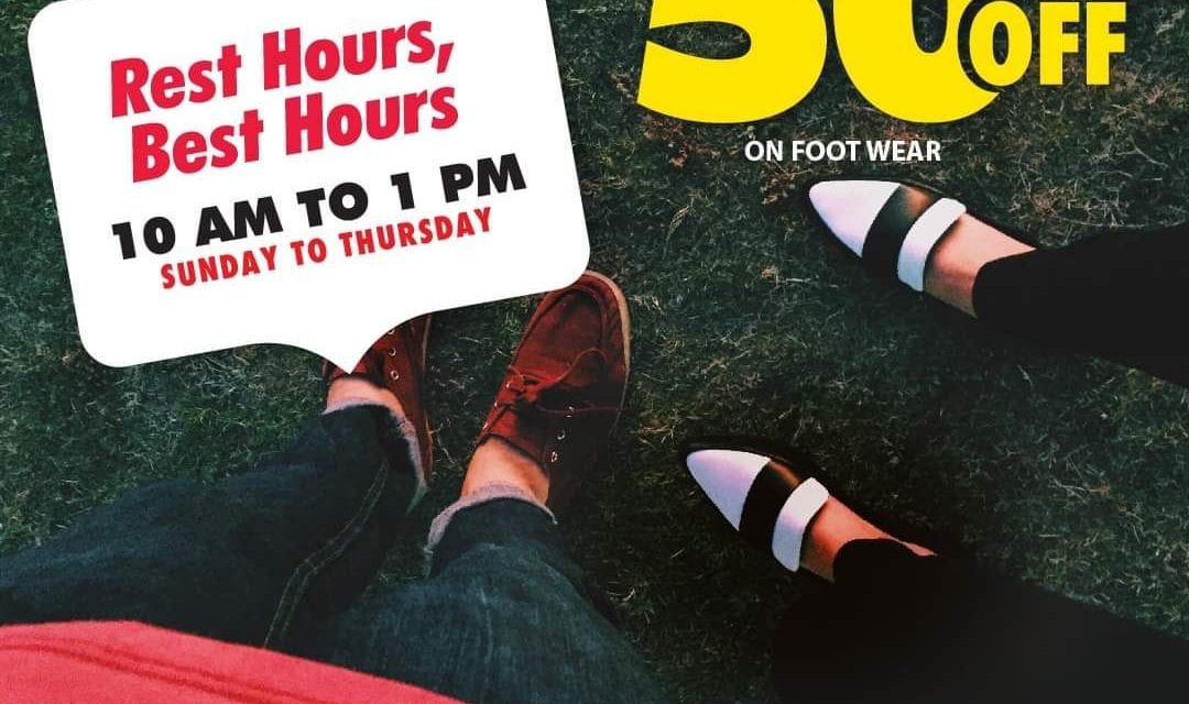 Deals at Rest Hours, range of footwear at 50% OFF from 10:00 AM to 1:00 PM, ending Thursday. SHOES4US