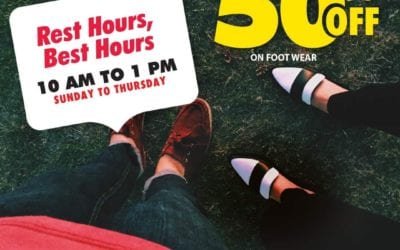 Deals at Rest Hours, range of footwear at 50% OFF from 10:00 AM to 1:00 PM, ending Thursday. SHOES4US