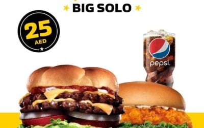Super Star sandwich with Chicken Tenders sandwich or Cheeseburger sandwich and a soft drink only for 25 AED. Hardee’s
