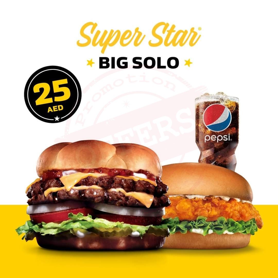 FB IMG 1600329818713 Super Star sandwich with Chicken Tenders sandwich or Cheeseburger sandwich and a soft drink only for 25 AED. Hardee's