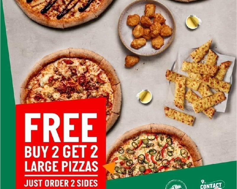 Thursday, best deal! Buy 2 large pizzas and get 2 absolutely FREE! Papa John’s Pizza