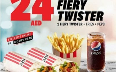 Get 2 fiery twisters, fries & Pepsi for 24 AED only at KFC