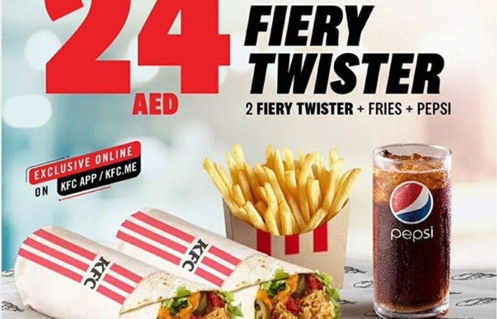 Get 2 fiery twisters, fries & Pepsi for 24 AED only at KFC