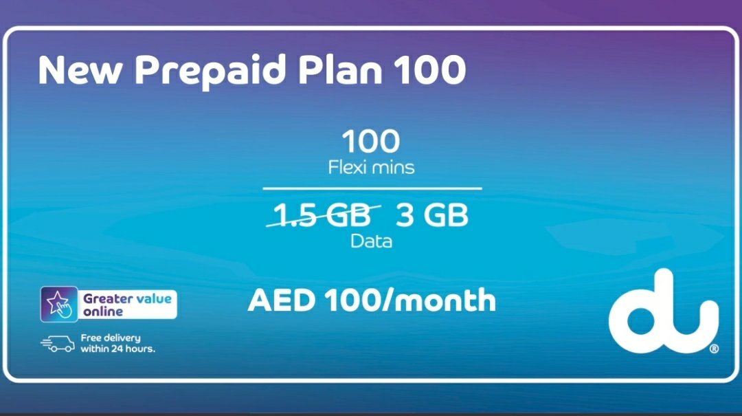 Du New Prepaid Plan 100. Enjoy 100 Flexi minutes and 3 GB and SIM for free.