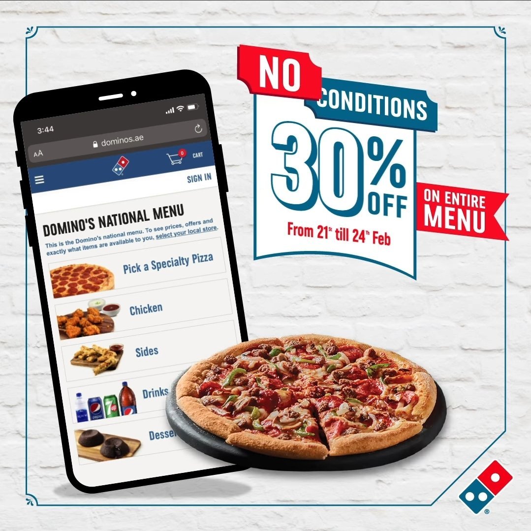 screenshot 20210222 134904 facebook6350414236587073478 Get 30% discount on your favorite items. Domino's Pizza