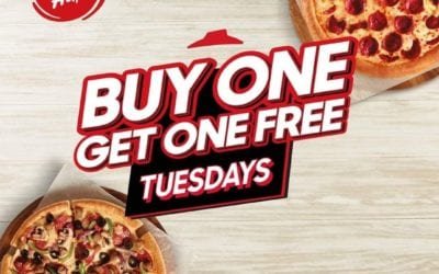 Buy any pizza, and get the other one FREE! Pizza Hut.