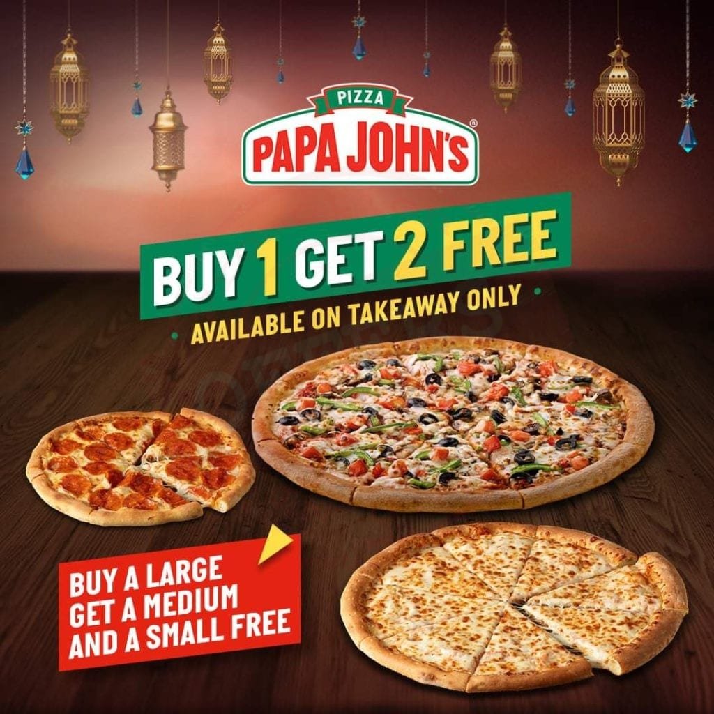 FB IMG 1618215337960 A tasty offer for Iftar this year. Buy 1 get 2 FREE PIZZA at Papa John’s