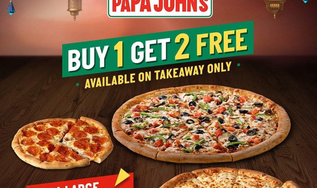 A tasty offer for Iftar this year. Buy 1 get 2 FREE PIZZA at Papa John’s
