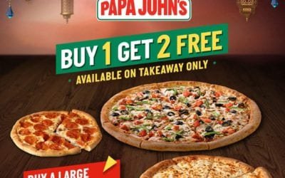 A tasty offer for Iftar this year. Buy 1 get 2 FREE PIZZA at Papa John’s