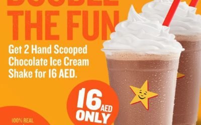Get 2 Hand Scooped Chocolate Ice Cream Shake for just 16 AED. HardeeGOALLIN