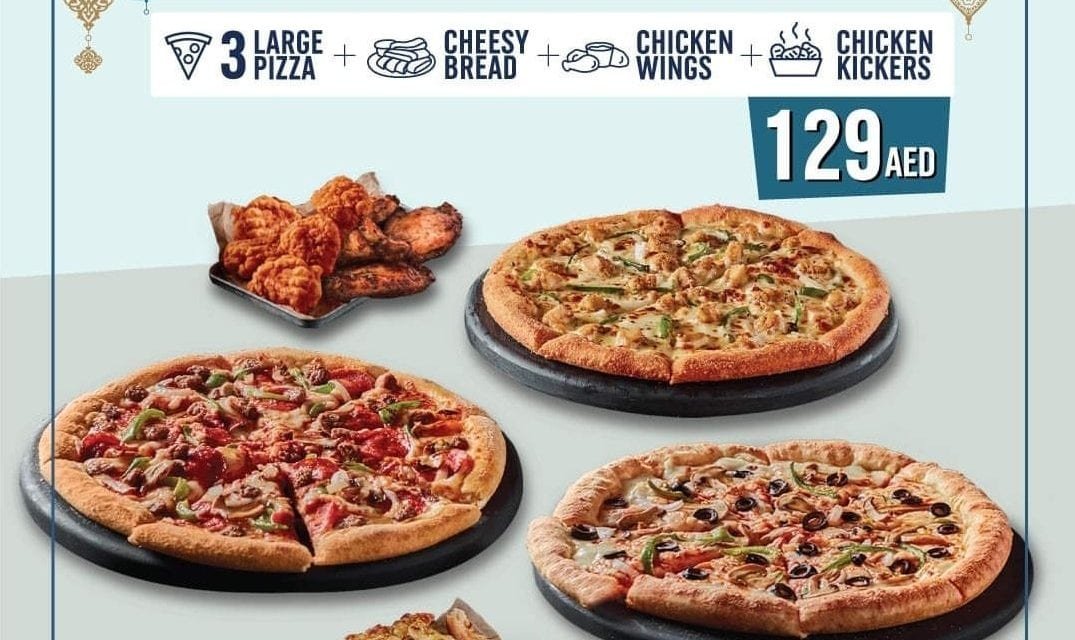 Get 3 Large Pizza + Chicken Wings + Cheesy Bread and Chicken Kickers (a) Just 129 AED. Domino’s Pizza