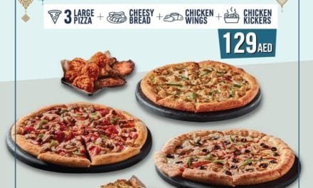 Get 3 Large Pizza + Chicken Wings + Cheesy Bread and Chicken Kickers (a) Just 129 AED. Domino’s Pizza