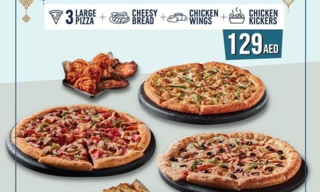 Get 3 Large Pizza + Chicken Wings + Cheesy Bread and Chicken Kickers (a) Just 129 AED. Domino’s Pizza