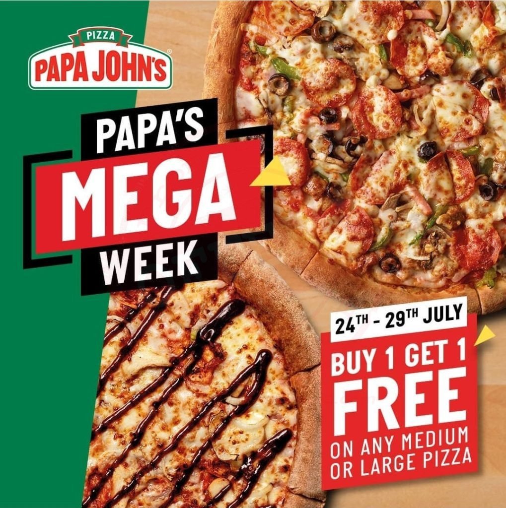 screenshot 20210724 175545 facebook891621725013111954 Papa’s MEGA week! Get yourself any large or medium pizza and get another one for free.