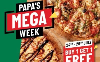 Papa’s MEGA week! Get yourself any large or medium pizza and get another one for free.