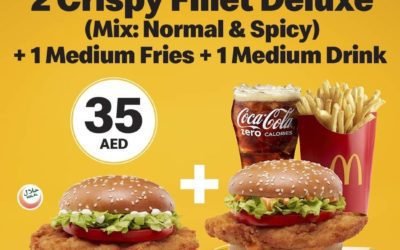 Enjoy 1 Crispy Fillet Deluxe & 1 Spicy Crispy Fillet Deluxe Sandwich with  Fries & Drink at McDonald at just AED 35 only.