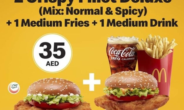 Enjoy 1 Crispy Fillet Deluxe & 1 Spicy Crispy Fillet Deluxe Sandwich with  Fries & Drink at McDonald at just AED 35 only.