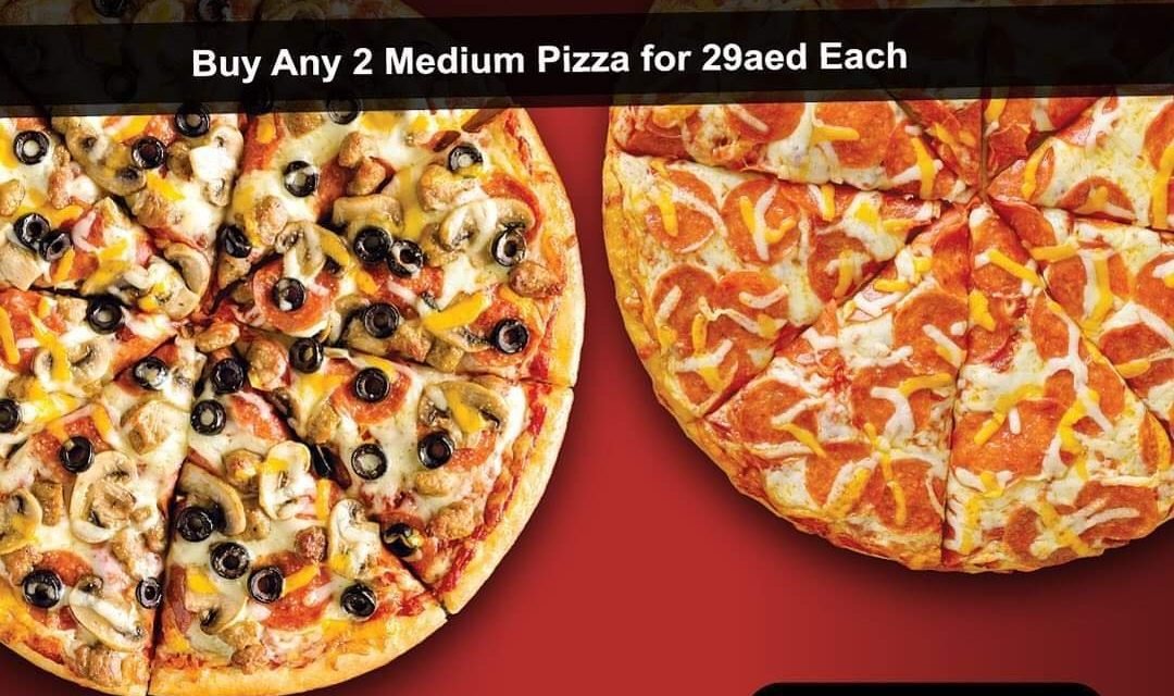 Super Sunday! Get any two Medium Pizzas for 29 AED each only.