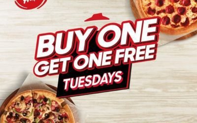 Get that HUT feeling every Tuesday! Buy any pizza, and get the other one FREE!