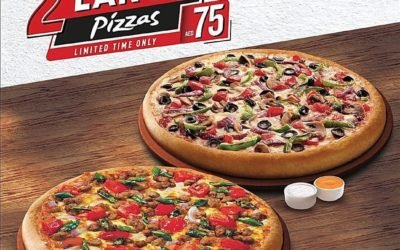 Enjoy 2 Large Pizzas + 2 Dips for only AED 75. Pizza Hut