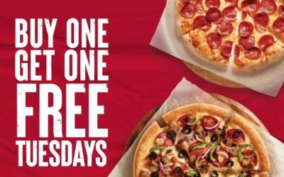 Mid-week treat? Buy any large or medium pizza and get the other one for free every Tuesday at Pizza Hut.