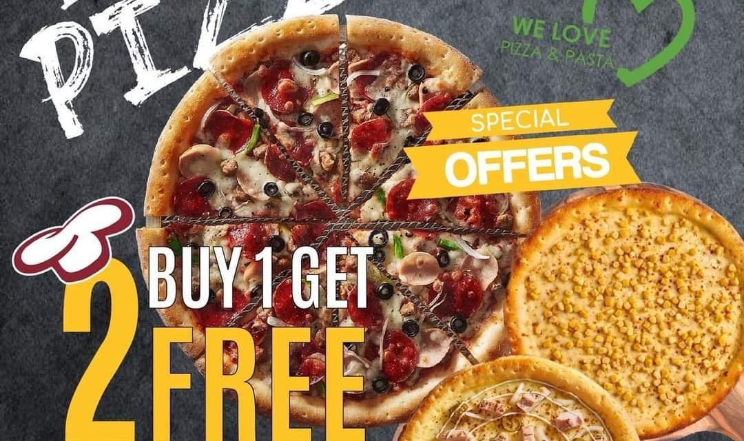 Buy 1 Pizza and get 2 pizza for FREE. Broccoli pizza and pasta.