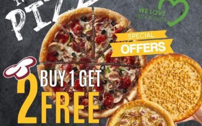 Buy 1 Pizza and get 2 pizza for FREE. Broccoli pizza and pasta.