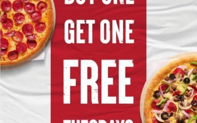 Buy a pizza and get the other one for free every Tuesday at Pizza Hut.